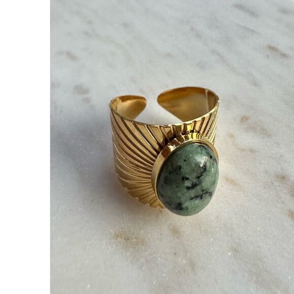 18K Gold Plated Stainless Steel Turquoise Geometric Vintage Band Ring - Picture 7 of 9